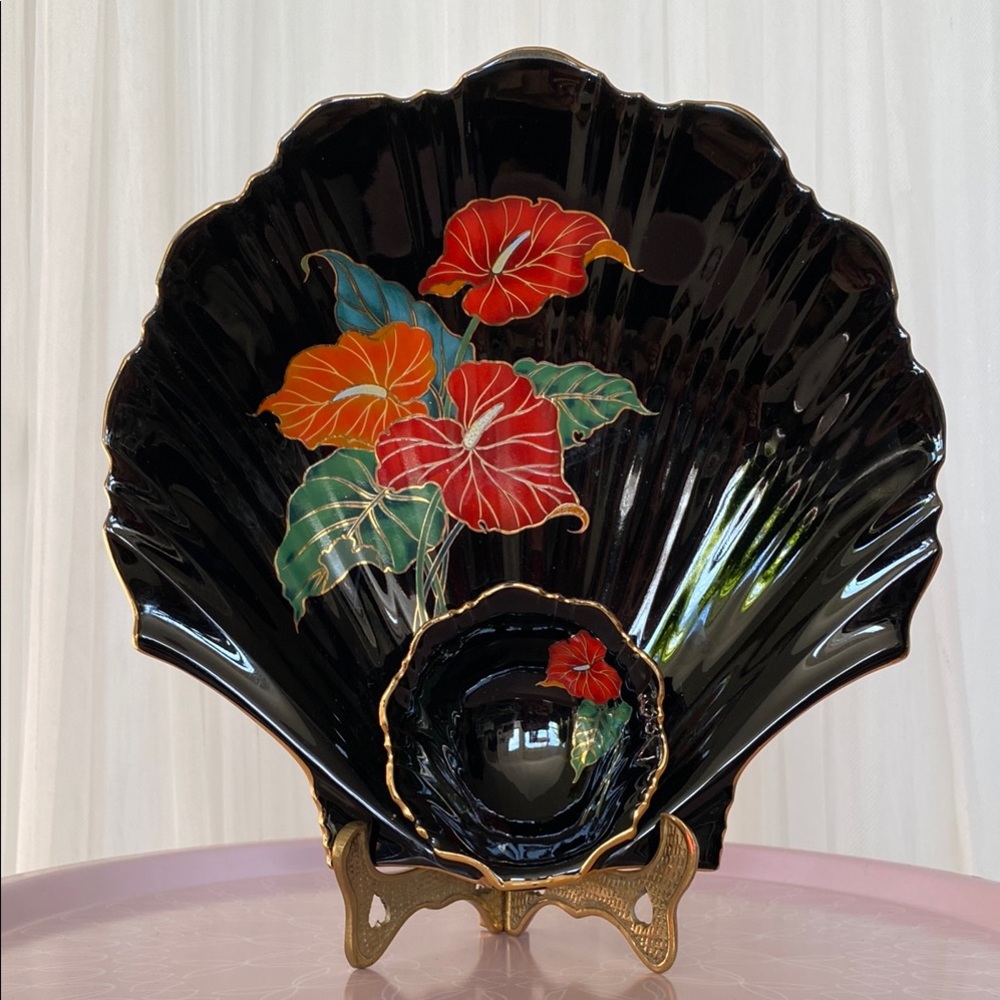 Vintage 70’s Japanese Chip and Dip Black Floral Ceramic Decorative Plate Set